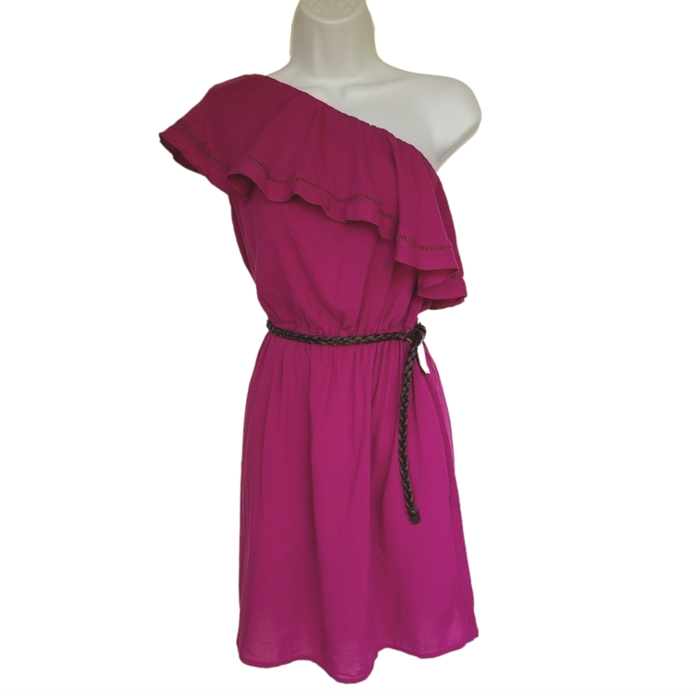 Magenta One Shoulder Ruffle Dress with Brown Braided Belt Size M